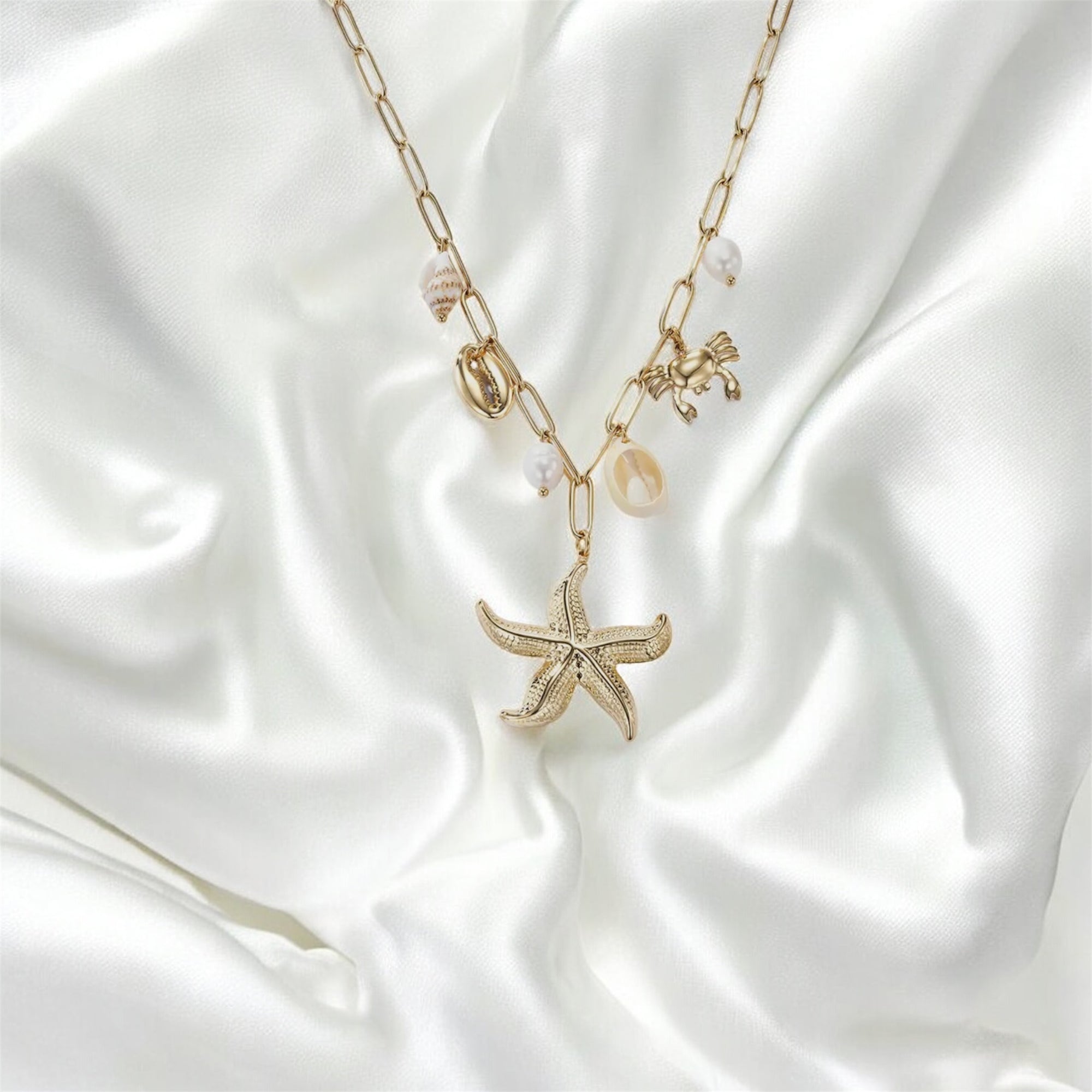 Collier étoile de mer et coquillages - Acier inoxydable